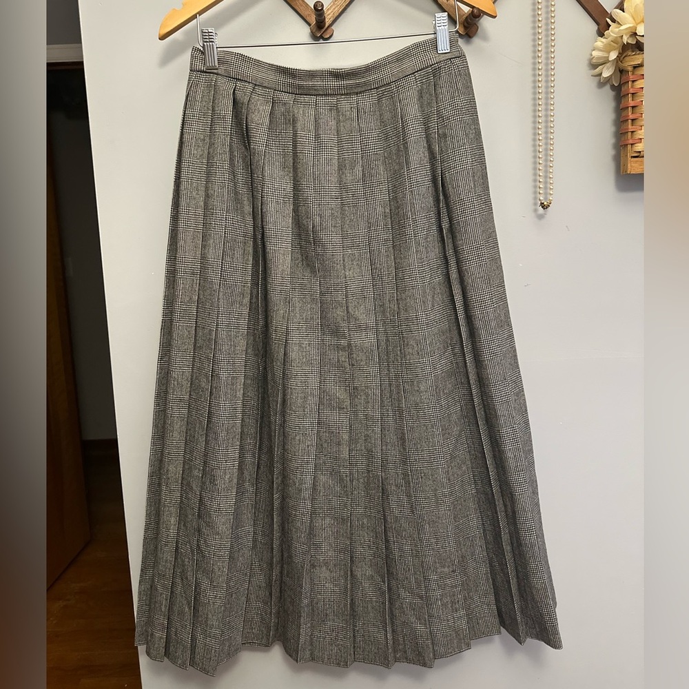 VTG Wool Houndstooth Plaid Classic Gray A-Line Skirt Sz 12